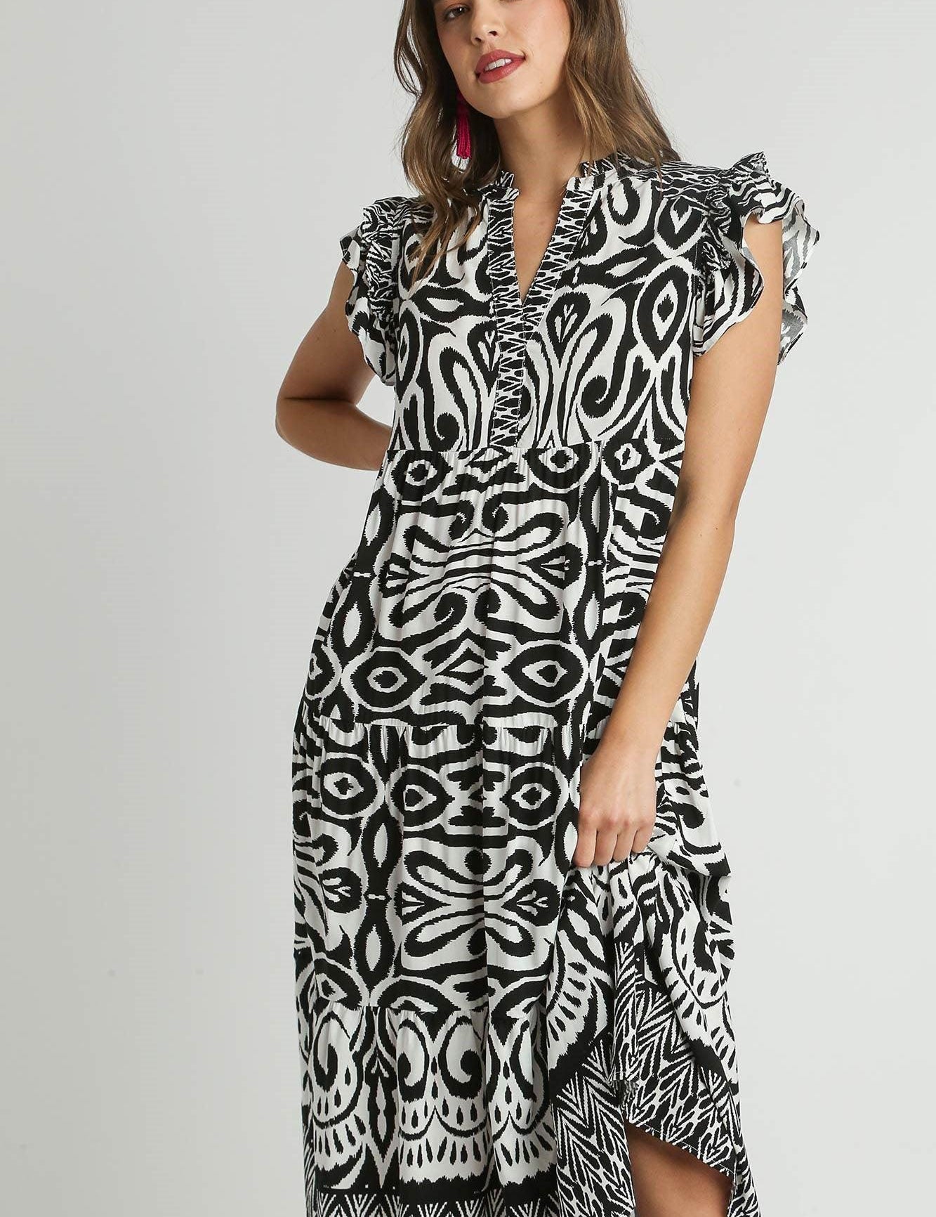 Black Umgee Two Tone Border Print Ruffle Cap Sleeve Midi Dress | Mid Dresses Daverri Fashions
