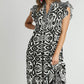 Umgee Two Tone Border Print Ruffle Cap Sleeve Midi Dress Black Mid Dresses