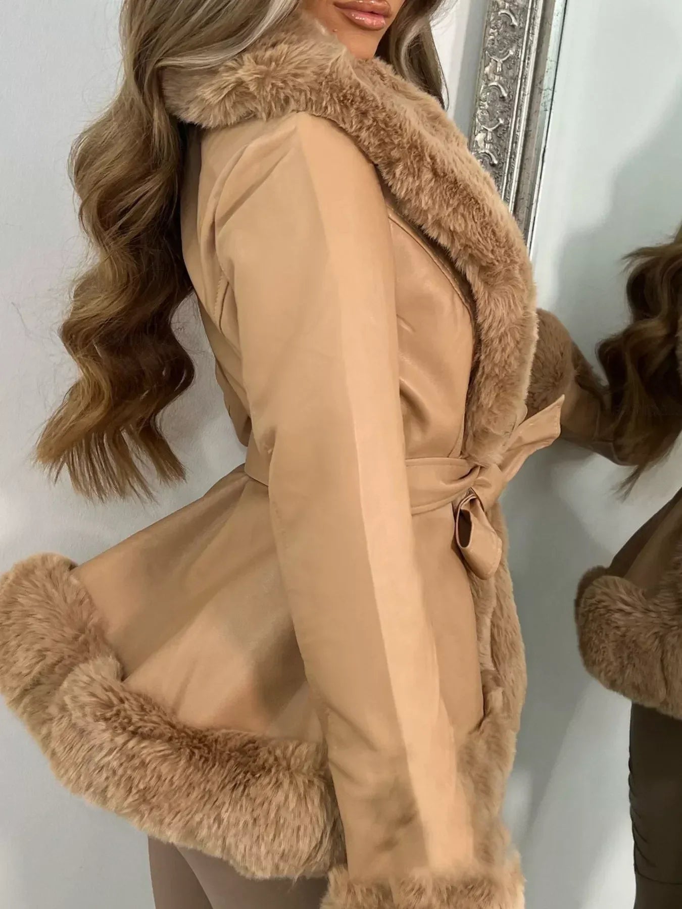 Faux Fur Trimmed Belted Coat - DAVERRI FASHIONS