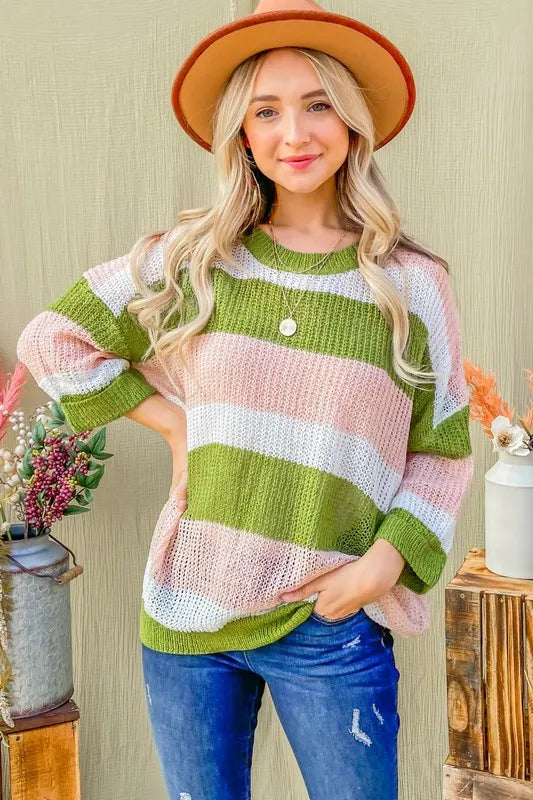 And The Why Multi Striped Mesh Pullover Spring Sweater OLIVE