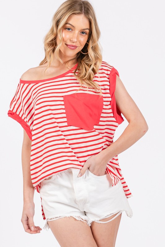 Ces Femme Side Slit Striped Cap Sleeve T-Shirt