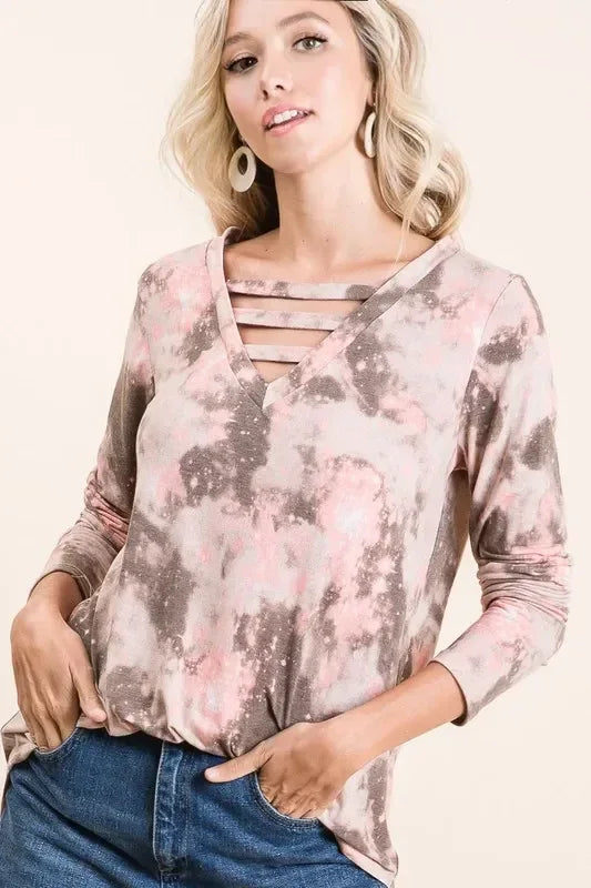 Tie Dye French Terry V-neck Top - DAVERRI FASHIONS