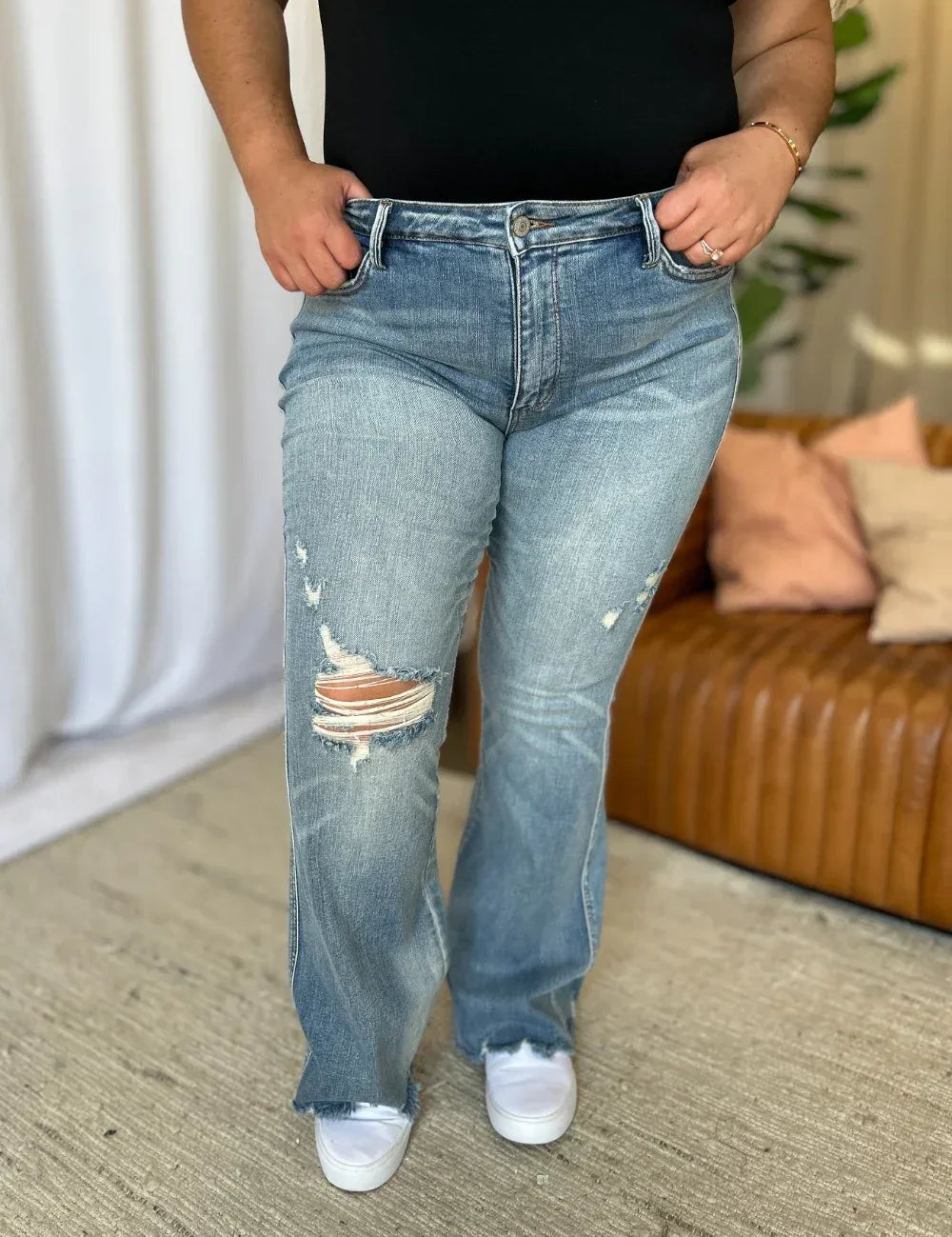 Judy Blue Full Size Medium Rise Tummy Control Destroy Flare - DAVERRI FASHIONS