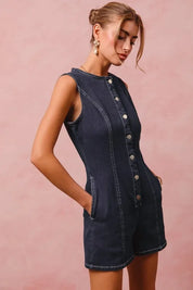 SO ME Button Up Front Washed Denim Sleeveless Romper | Rompers Daverri Fashions