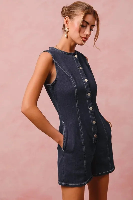 SO ME Button Up Front Washed Denim Sleeveless Romper Rompers
