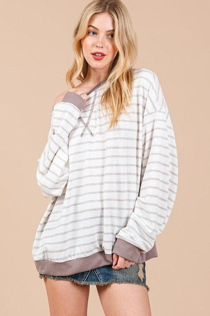 Ces Femme Striped Round Neck Drop Shoulder Sweatshirt - DAVERRI FASHIONS