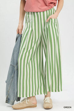 Green and white vertically striped Umgee wide-leg pants