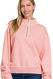 Zenana F/terry Pigment Dye & Enzyme Washing Half Zip Top | Tops Daverri Fashions