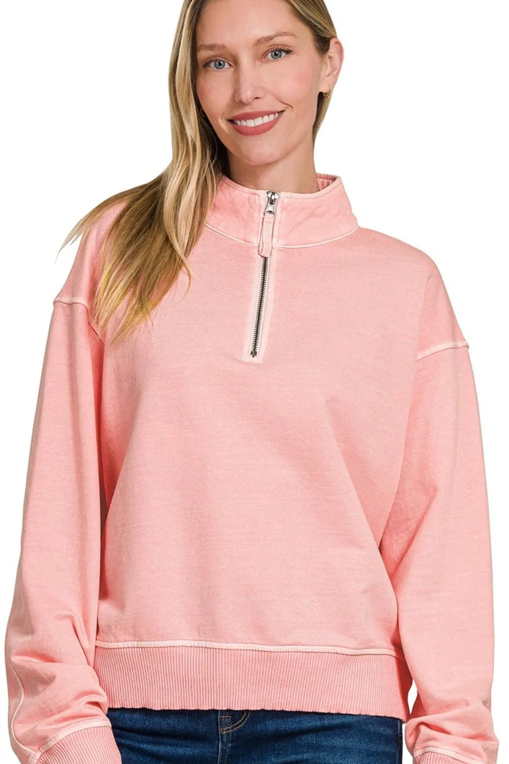 Zenana F/terry Pigment Dye & Enzyme Washing Half Zip Top Tops