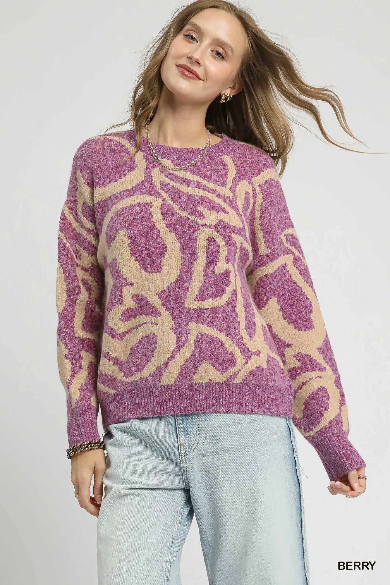 BERRY Umgee Ribbed Hem Contrast Dropped Shoulder Sweater | Sweaters Daverri Fashions