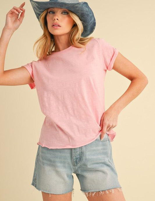 Pink L Aemi + Co Lettuce Edge Round Neck Short Sleeve T-Shirt | T-Shirts Daverri Fashions
