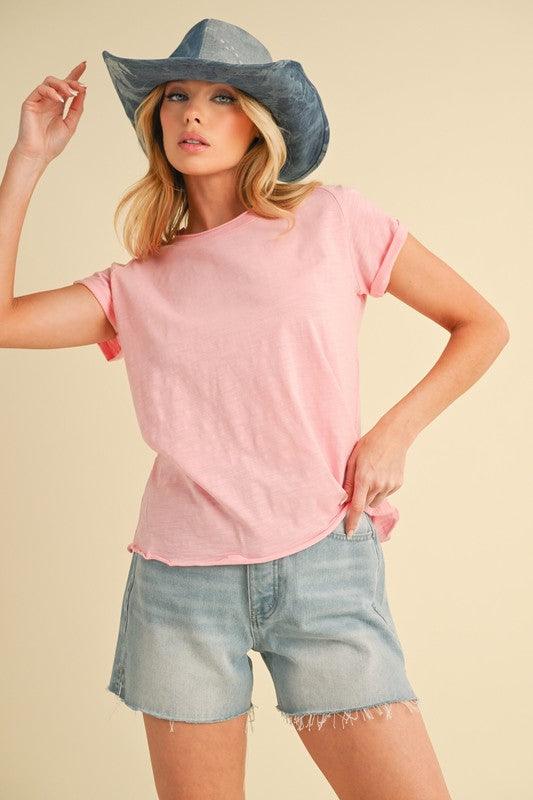Aemi + Co Lettuce Edge Round Neck Short Sleeve T-Shirt Pink L T-Shirts