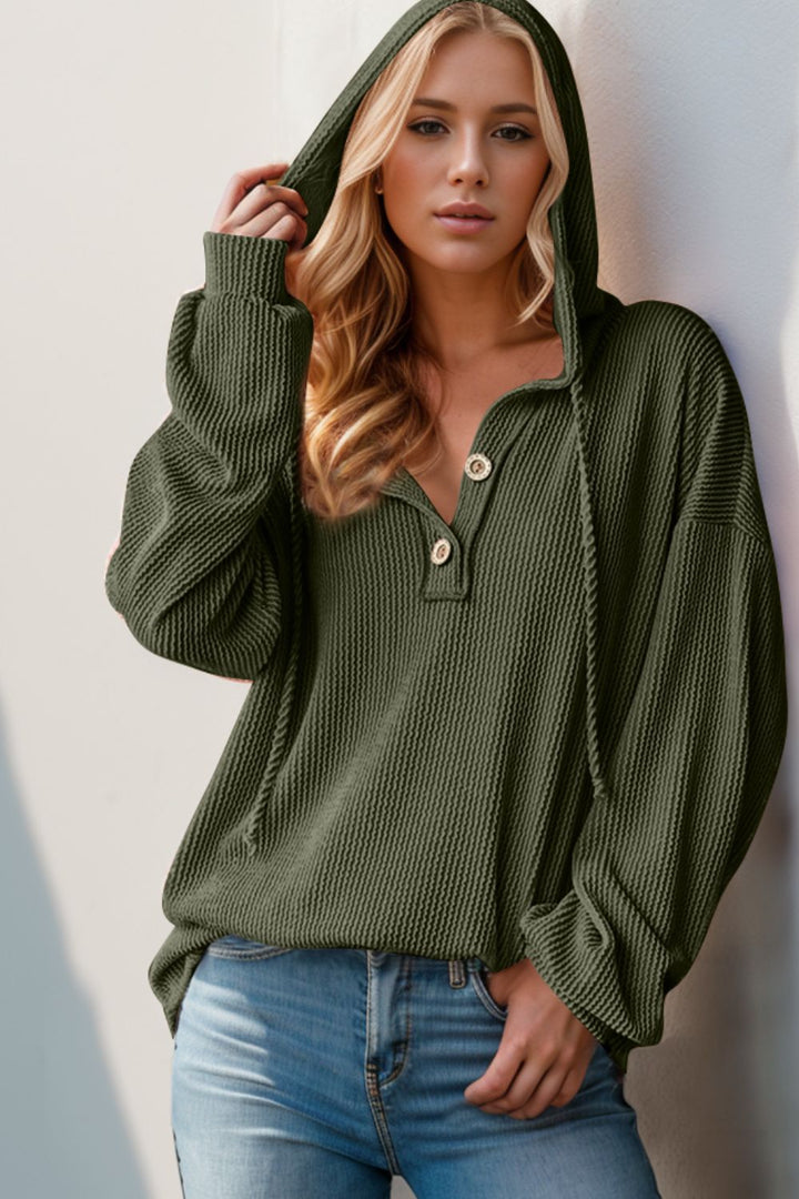 Moss 2XL Double Take Full Size Half Button Long Sleeve Hoodie | Hoodies Daverri Fashions