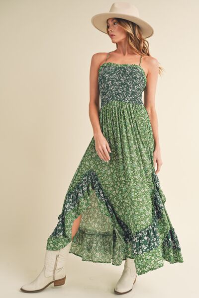 Aemi + Co Green Ditsy Floral Ruffled Hem Maxi Cami Dress Cami Dresses