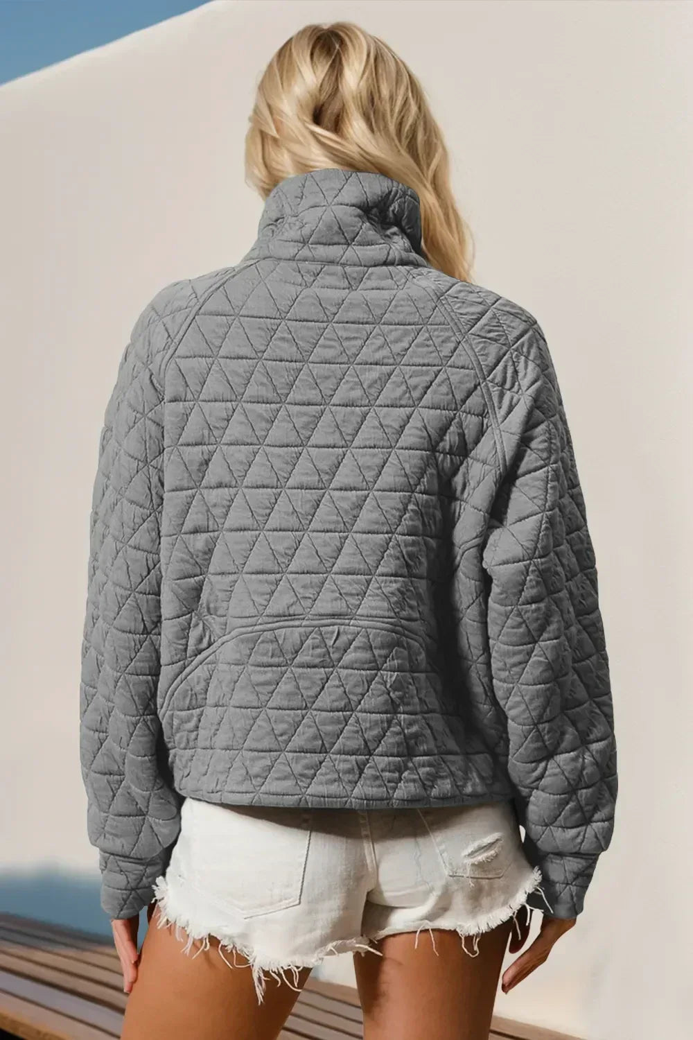 Double Take Half Zip Long Sleeve Quilted Sweatshirt with Pocket - DAVERRI FASHIONS
