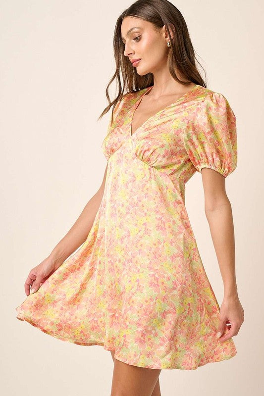 Mittoshop Printed V-Neck Puff Sleeve Mini Dress Yellow Combo Mini Dresses