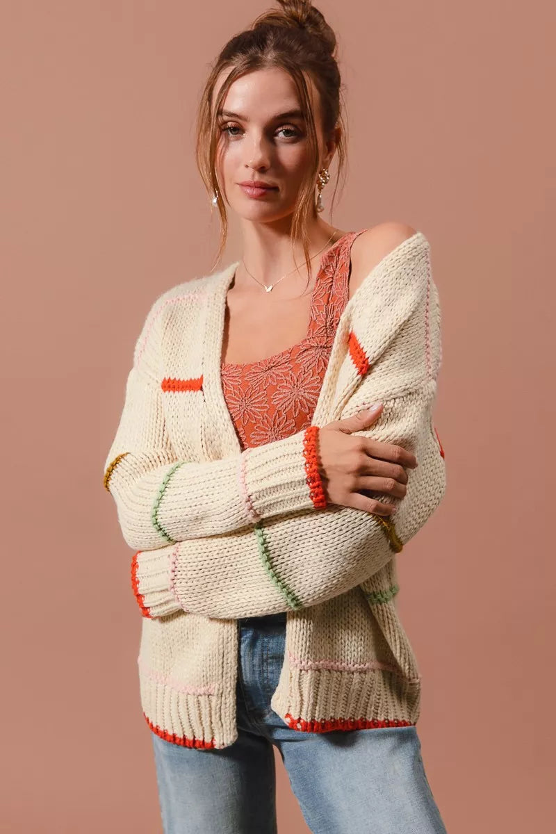 SO ME Loose Fit Multi Stripe Open Front Cardigan | Daverri Fashions
