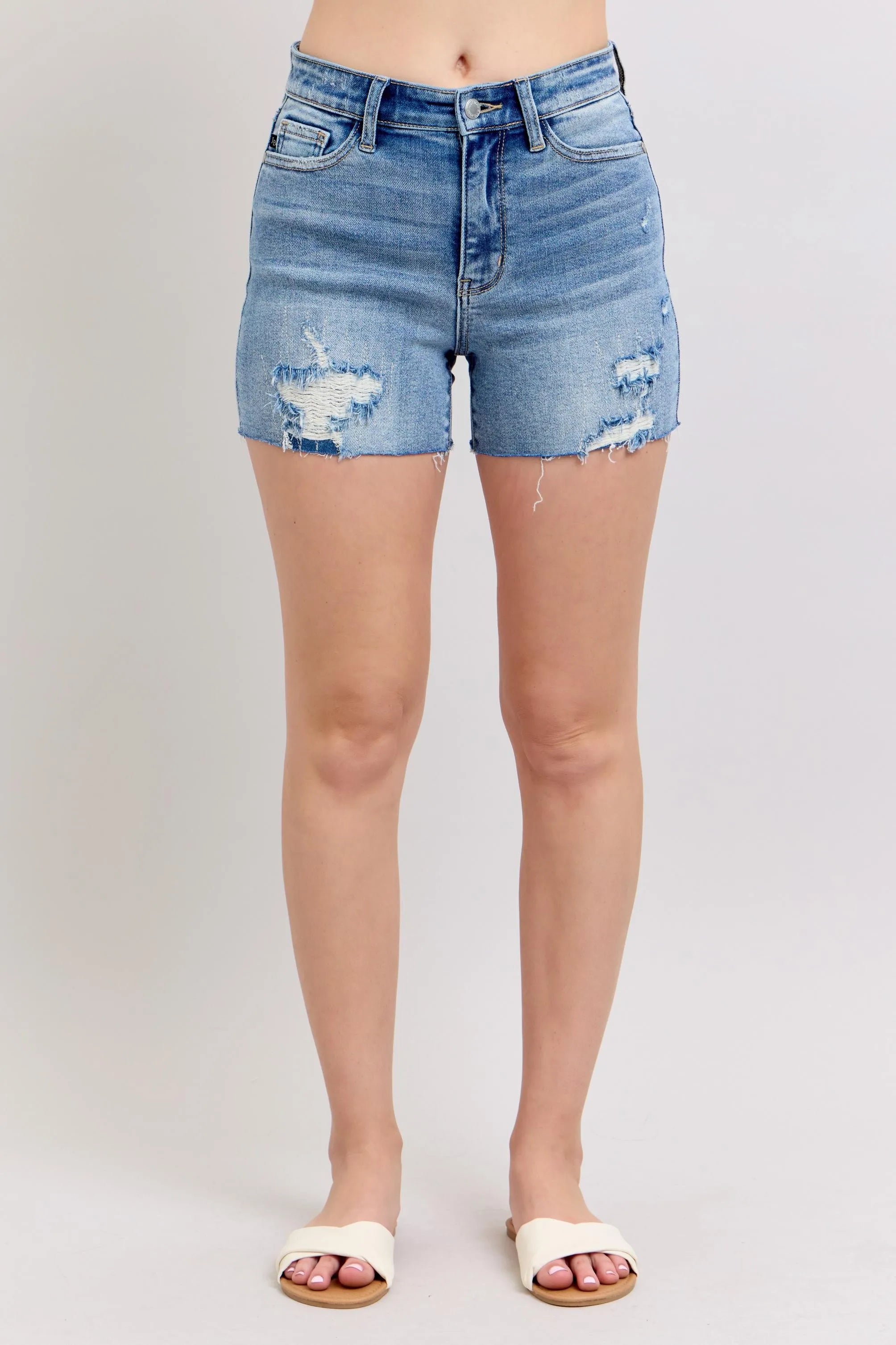 Judy Blue Full Size High Waist Denim Shorts W/stitch Over Destroy Detail Plus Size | Denim Shorts Daverri Fashions