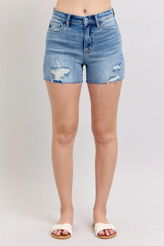 Judy Blue Full Size High Waist Denim Shorts W/stitch Over Destroy Detail Plus Size - DAVERRI FASHIONS