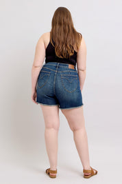 Judy Blue Tummy Control Fray Hem & Shield Back Pockets Denim Shorts