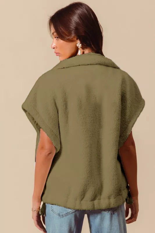 Olive green textured knit SO ME oversized soft sherpa cape top