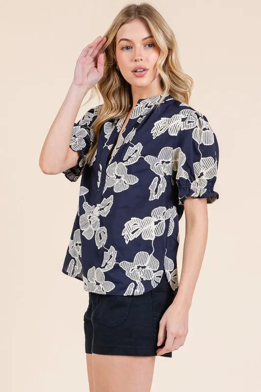 Lime 'N' Chili Embroidered Split Neck Puff Sleeve Blouse