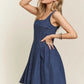 ADORA smocked back square neck denim dress with frayed hem