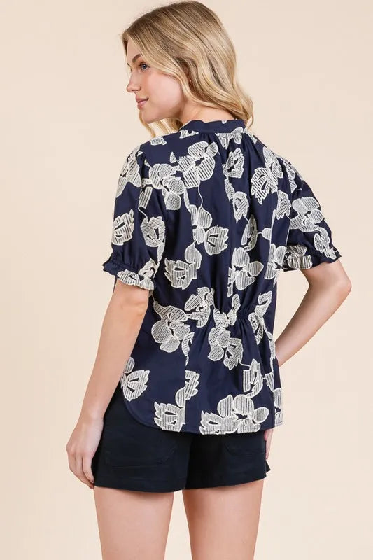 Lime 'N' Chili Embroidered Split Neck Puff Sleeve Blouse