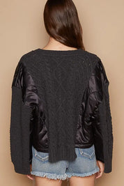 POL Cable Knit Quilting Patch V-Neck Sweater Black | Sweaters Daverri Fashions