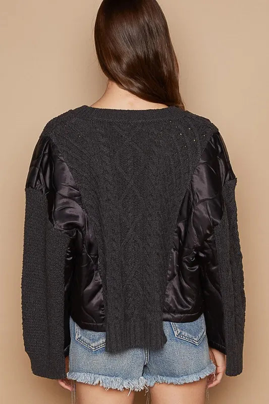 POL Cable Knit Quilting Patch V-Neck Sweater Sweaters