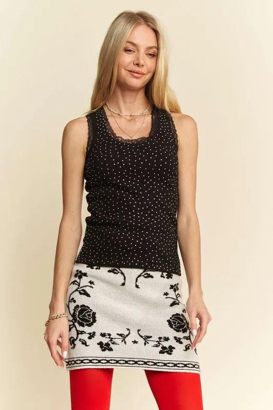 Davi & Dani Rhinestone Lace Trim Detail Tank - DAVERRI FASHIONS