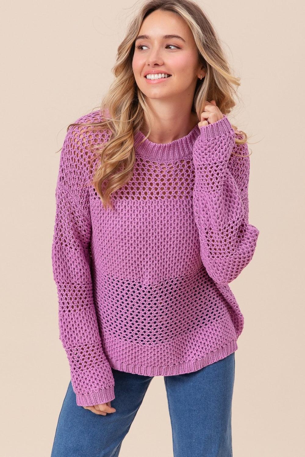 BiBi Openwork Long Sleeve Knit Top Berry Sweaters