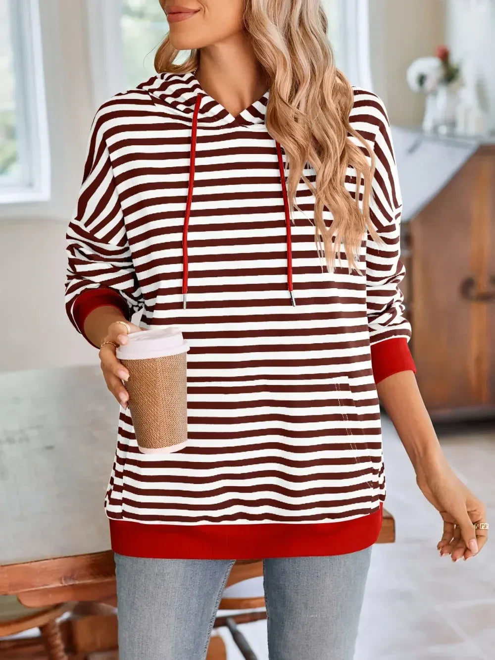 Lovelet Drawstring Striped Long Sleeve Hoodie - DAVERRI FASHIONS