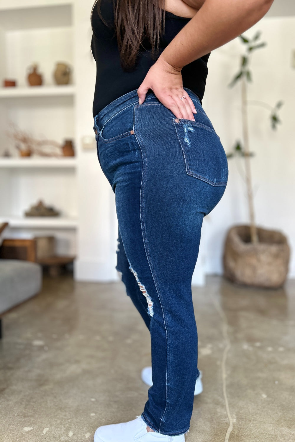 Judy Blue Full Size High Waist Rigid Magic Heavy Destroy Straight Jeans | Daverri Fashions