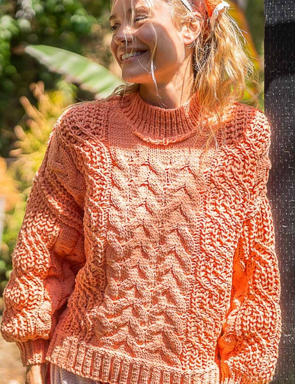 POL Mock Neck Cable Knit Sweater Coral Tangerine S