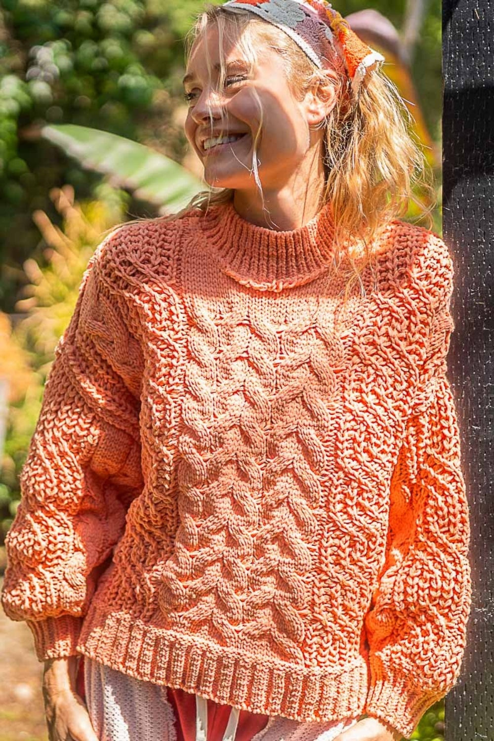 POL Mock Neck Cable Knit Sweater Coral Tangerine