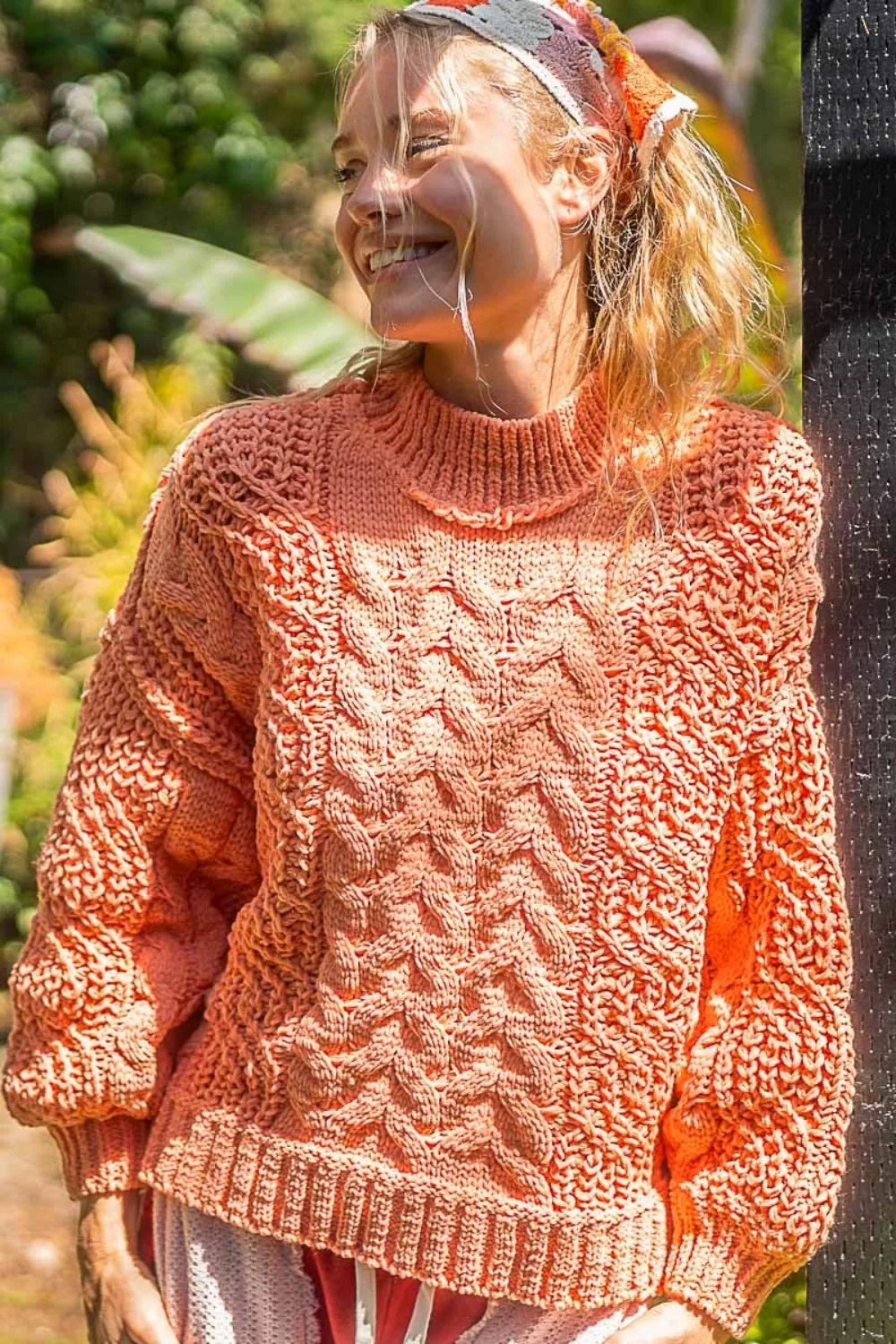 Coral Tangerine M POL Mock Neck Cable Knit Sweater | Sweaters Daverri Fashions