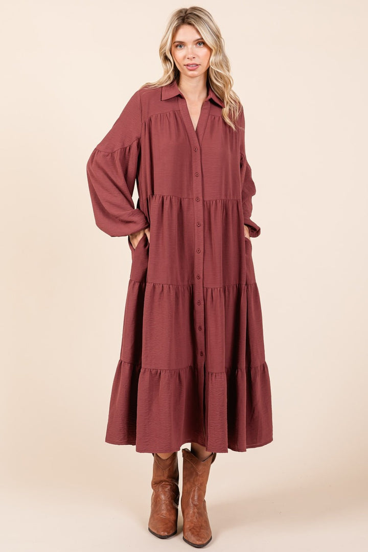 Mittoshop Tiered Button Down Long Sleeve Midi Dress Mid Dresses