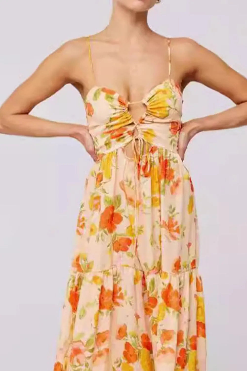 Floral print tie front tiered maxi dress in orange yellow pattern
