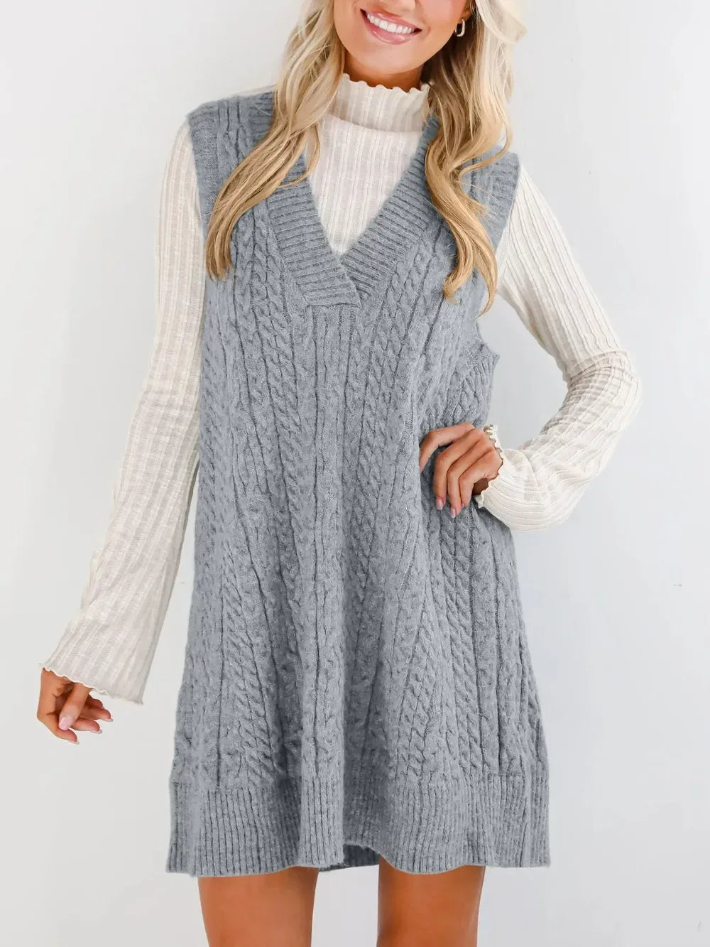 Lovelet Cable Knit V-Neck Mini Sweater Overall Dress - DAVERRI FASHIONS