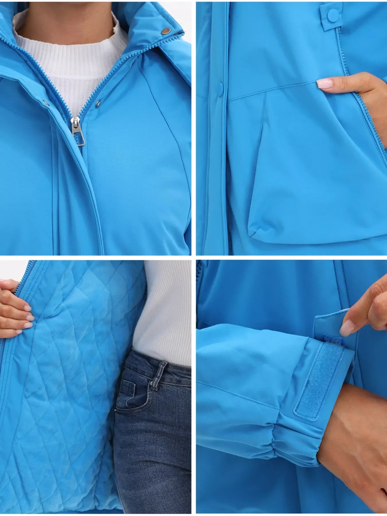 Bright blue Daverri Fashions hooded windproof coat with quilted lining