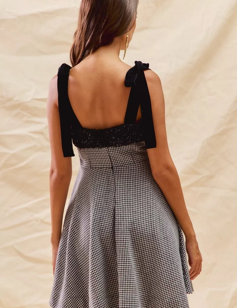 SO ME Houndstooth Fit Flare Mini Dress with Shoulder Tie | Mini Dresses Daverri Fashions