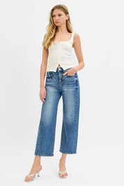 RISEN High Rise Crop Length Barrel Adjustable Waist Band Jeans | Daverri Fashions