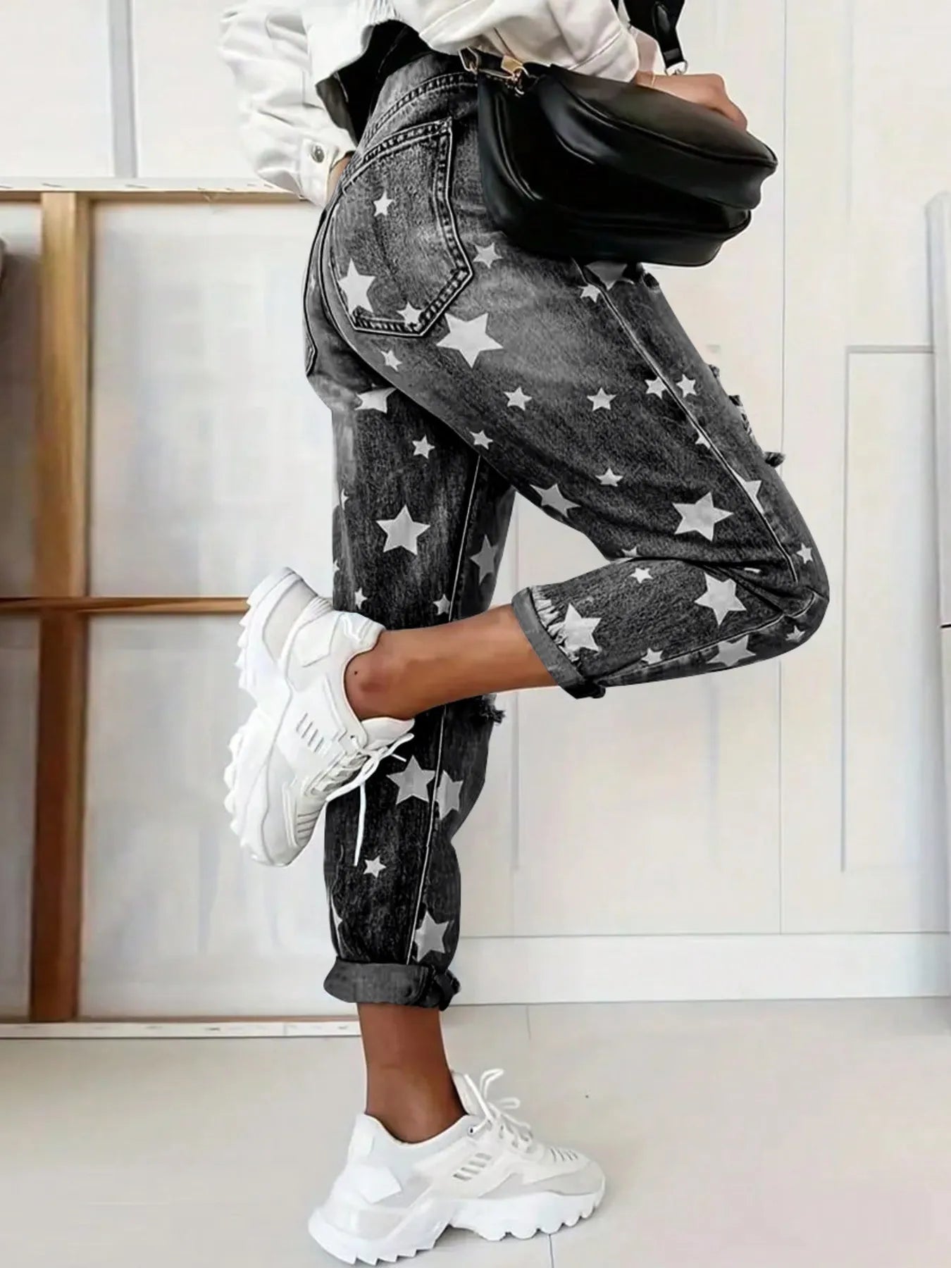 Star Print Distressed High Waist Boyfriend Jeans | Jeans Daverri Fashions