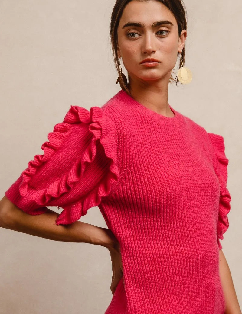 FUCHSIA BiBi Ruffle Sleeve Ribbed Sweater | Sweaters Daverri Fashions