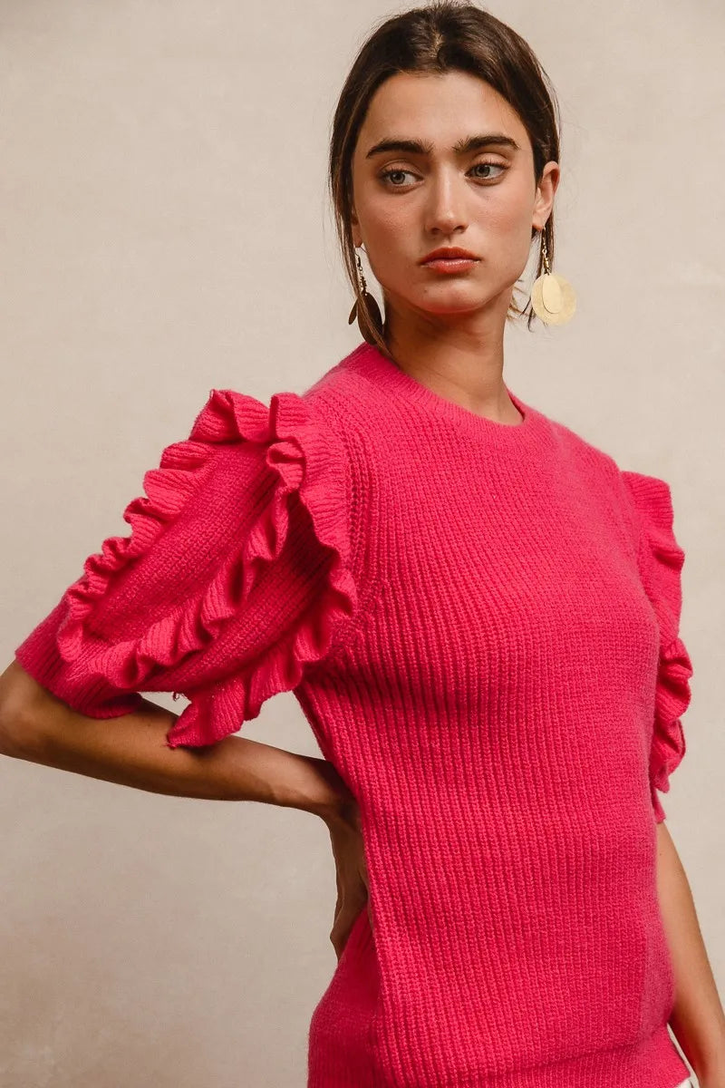 BiBi Ruffle Sleeve Ribbed Sweater FUCHSIA Sweaters