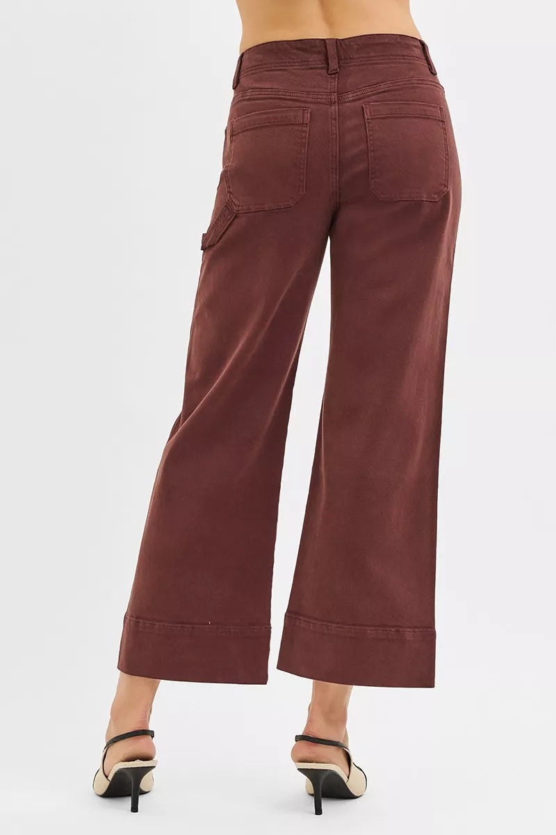 Burgundy RISEN tummy control high-rise crop wide-leg cargo pants with rolled cuffs and pockets