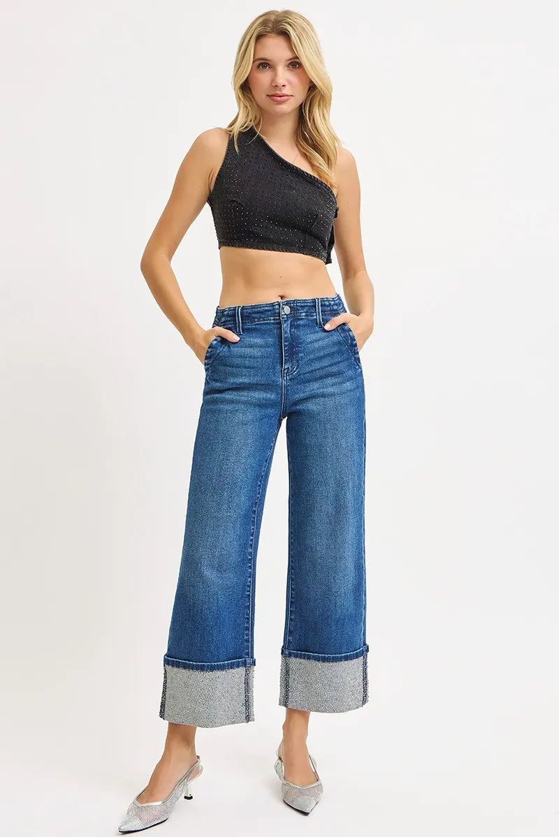 RISEN High Rise Ankle Wide Rhine Stone Cuffed Jeans | Jeans Daverri Fashions