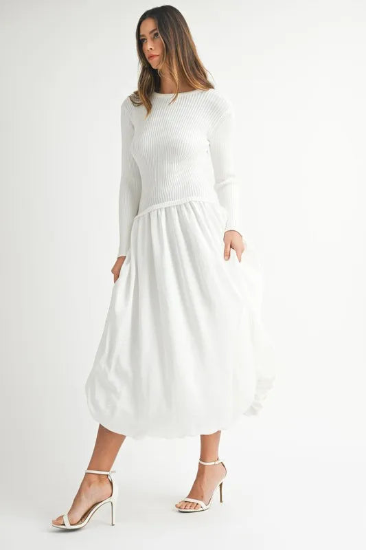 MABLE Ribbed Poplin Mix Midi Sweater Dress