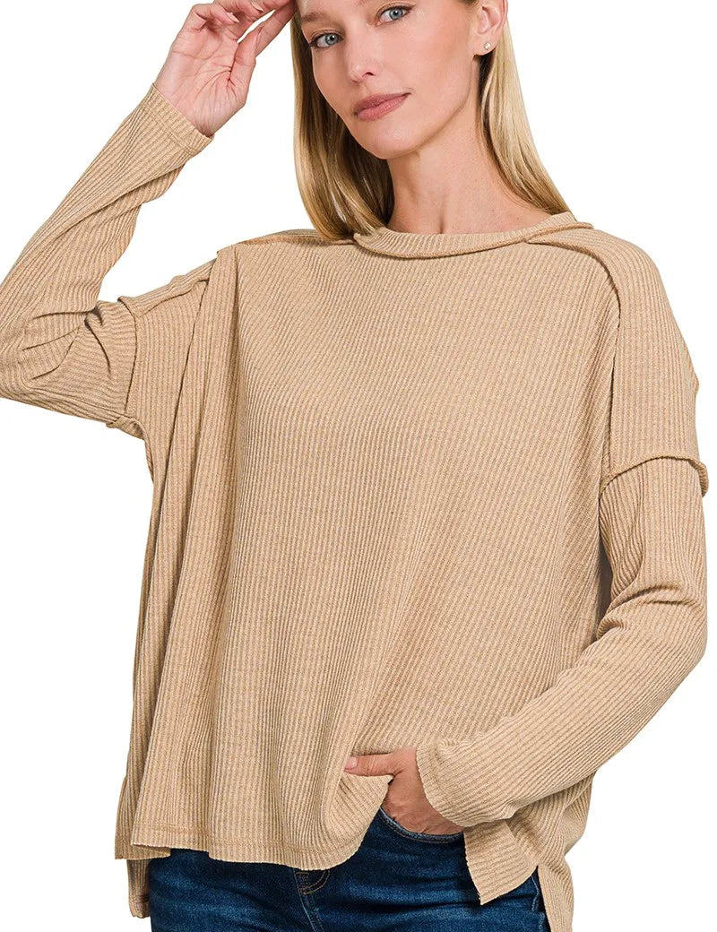 BEIGE Zenana Ribbed Drop Shoulder Round Neck Sweater | Sweaters Daverri Fashions